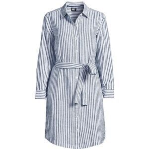 Lands End Women’s Ticking Striped Linen Shirt Dress M 10 12 Belted Button Front